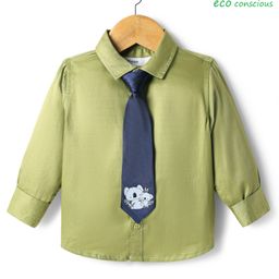 Babyoye 100% Cotton Woven Solid Full Sleeves Party Shirts with Koala Print Tie - Olive Green & Navy Blue-image-101