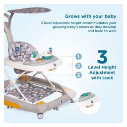 Mee Mee 360° Baby Activity Walker For 7 Level Adjustable Height, Musical Detachable Toy Bar & Light | Parental Push Handle, Anti-Rollover Folding Walker for Kids-Grey image 3