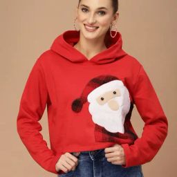 KASSUALLY Red Cotton Printed Crop Hoodie-20