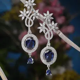 Zeneme Rhodium Plated Brass Blue AD Studded Contemporary Dangler Earrings-image-92