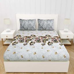 JaipurFabric Grey Pure Cotton 240 TC Artistic Premium King Size Bedsheet with 2 Pillow Covers-image-14