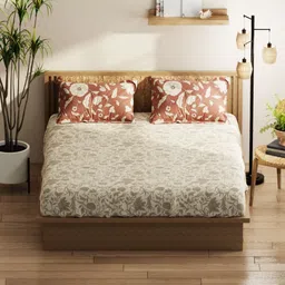 KOPA Beige & Grey Floral 152 TC Queen Bedsheet with 2 Pillow Covers-image-68