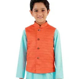 VASTRAMAY Kids Orange Textured Nehru Jacket-image-85
