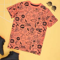 Pantaloons Junior Coral & Black Cotton Printed T-Shirt-image-9