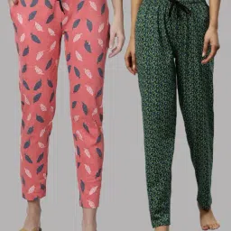 Kryptic Pink & Green Printed Pure Cotton Elasticated Waist Band Regular Fit Pyjamas - Pack of 2-image-3
