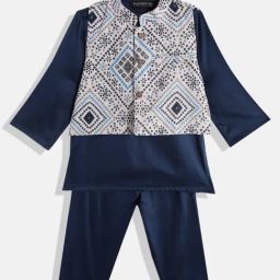 READIPRINT FASHIONS Kids Navy with Grey Printed Full Sleeves Kurta, Pyjamas with Nehru Jacket-image-3