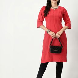 MAURYA Beads & Stones Pin Tucks Notch Neck Pure Cotton Straight Kurta-picture-6