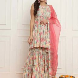 Meeranshi Off White Floral Print Kurta With Sharara & Dupatta-image-59