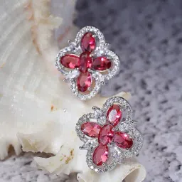 Zeneme Rhodium Plated Silver Red Crystal AD Studded Floral Shaped Stud Earrings-image-47