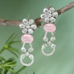 Zeneme Rhodium Plated Pink AD Studded Handmade Floral Drop Earrings-image-64