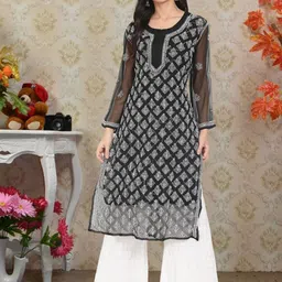 PARAMOUNT CHIKAN Women Ethnic Motifs Embroidered Chikankari Floral Georgette Kurta-picture-39