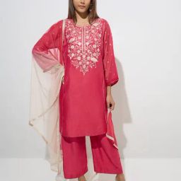 Vark by Westside Pink Cotton-Blend Kurta, Inner, Palazzos & Dupatta Set-image-15