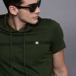 WROGN Men Olive Green Slim Fit Solid Hooded Pure Cotton T-shirt-image-56