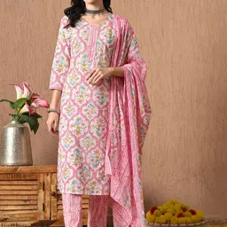 Anouk Floral Printed Gotta Patti Pure Cotton Straight Kurta With Trouser And Dupatta-image-45