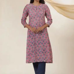 W Pink Cotton Printed A-Line Kurta-picture-7