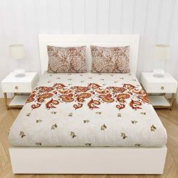 JaipurFabric Cream Pure Cotton 240 TC Artistic Premium King Size Bedsheet with 2 Pillow Covers-image-15