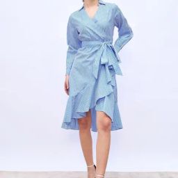 Styli Blue Stripes Wrap Dress-image-12