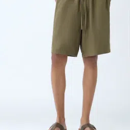 ETA by Westside Olive Solid Relaxed-Fit Mid-Rise Cotton-Blend Shorts-picture-40
