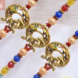MEIRA JEWELLERY Set Of 3 Kundan Studded Rakhi With Roli Chawal & Greeting Card-image-56
