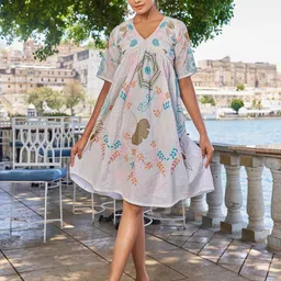 Moda Rapido Women Floral Embroidered V-Neck Cotton A-Line Dress-image-19