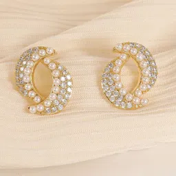 FIMBUL Gold Plated Crystals Studded & Pearls Beaded Oval Studs-2
