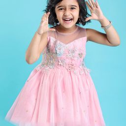 Mark & Mia Sleeveless Knee Length Embroidered Party Frock with Corsage - Pink-image-63