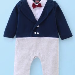 Babyhug Cotton Knit Full Sleeves  Romper with Bow Solid Colour - Navy Blue-image-66