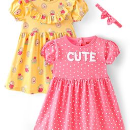 Babyhug Cotton Jersey Knit Half Sleeves Frock with Headband Heart and Porcupine PrintPack of 2 - Pink & Yellow-image-40