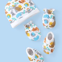 Babyhug Interlock Cotton Knit Cap Mittens And Booties Animal Design - White-17