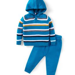 Babyhug Knitted Full Sleeves Pullover Hooded Sweater & Pant With Striped Design - Blue-image-79