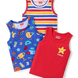 Babyhug 100%  Cotton Knit Sleeveless Stripes Sandos with Star Print Pack of 3 - Multicolour-image-9