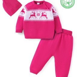 BabyhugCotton Knit Baby Sweater Set with Cap Reindeer Design - Dark Pink-image-65
