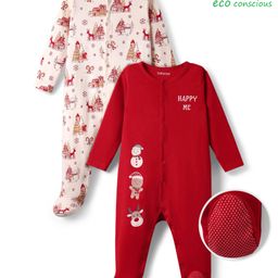 Babyoye 100% Cotton Full Sleeves Sleep Suits With Eco Jiva Finish Winter Theme Print Pack Of 2 - Red & White-image-88