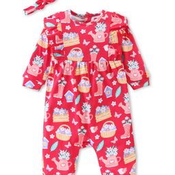 Babyhug 100% Cotton Knit Full Sleeves Romper with Headband & Floral Print - Multicolour-image-59