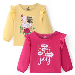 Doodle Poodle 100% Cotton Full Peasant Sleeves Tops with Frill Detailing Duck & Text Print Pack of 2 - Yellow & Pink-picture-28