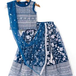 Babyhug Woven Sleeveless Choli Lehenga & Dupatta Set With Sequin & Embroidery Detailing - Teal Blue-image-13