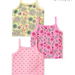 Babyoye Cotton Knit Singlet Sleeves Slips Floral Printed Pack of 3 - Pink & Lemon Yellow-image-119