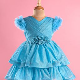 Babyhug Woven Half Ruffle On Sleeves Shimmered Layered Party Frock with Floral Applique & Pleats Detailing - Light Blue-image-36