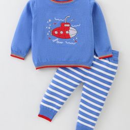 ToffyHouse Cotton Knit Full Sleeves Winter Wear Sweatshirt& Lounge Pant Set with Submarine Design - Blue-image-68