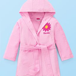Babyhug Terry Knit Full Sleeve Hooded Bathrobe With Elastic At Waist & Floral Embroidery - Pink-image-86