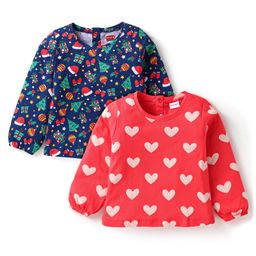 Babyhug Cotton Knit Full Sleeves Tops with Hearts Graphics Pack of 2 - Red & Navy Blue-image-1