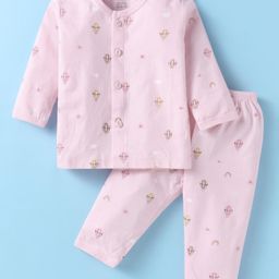 Zero Sinker Knit Full Sleeves Night Suit With Air Balloon Print - Baby Pink-6