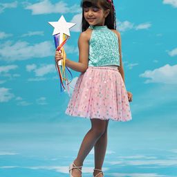 Lil' Drama Sleeveless Floral Applique Detailed & Hearts Foil Printed Top Skirt Set - Blue & Pink-image-34