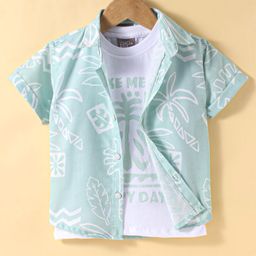 Little Kangaroos Cotton Woven Leaf Print Half Sleeves Shirt with T-Shirt - Sea Green-image-91