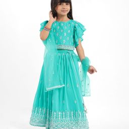 Babyhug Woven Half Frill Sleeves Floral Embroidered Choli Lehenga Set with Dupatta & Sequin Detailing - Aqua Blue-image-86