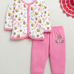 BUMZEE Cotton Full Sleeves Honey BeesPrinted Jhabla & Joggers Set - White & Pink-image-41