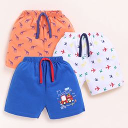 BUMZEE Cotton Pack Of 3 Giraffe & Aeroplane Printed Shorts - Royal Blue White & Orange-image-69