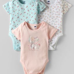 Simply Interlock Knit Half Sleeves Floral Printed Onesies Pack of 3 - Peach Light Blue & White-image-84