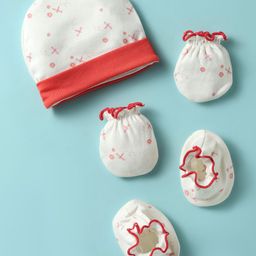 Ben Benny Interlock Knit Cap Mittens & Booties With Floral Print White - Diameter 11 cm-picture-3