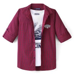 Pine Kids 100% Cotton Full Sleeves Checks Shirt With T-Shirt - Dark Red & White-image-60
